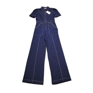 A Loves A Navy Blue Wide Leg Jumpsuit Short Sleeve Button Zip Women Size Small